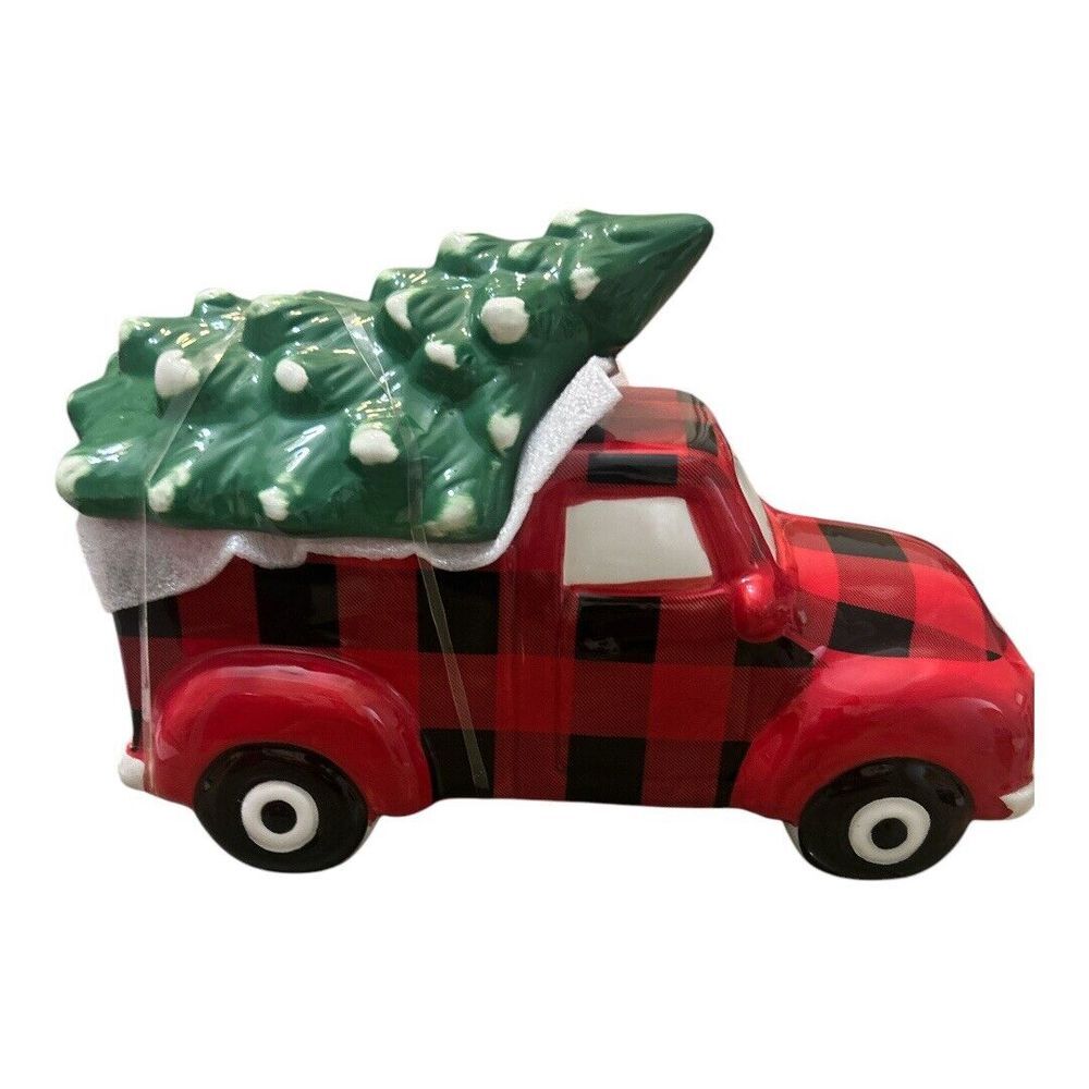Red &‎ Black Plaid Ceramic Pickup Truck Christmas Tree Cookie Jar